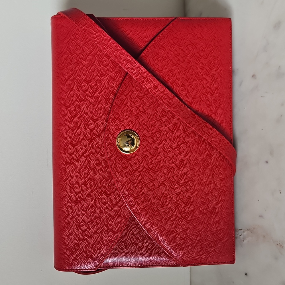 LANVIN: Striking Lipstick Red Leather Logo Lanvin Envelope bag